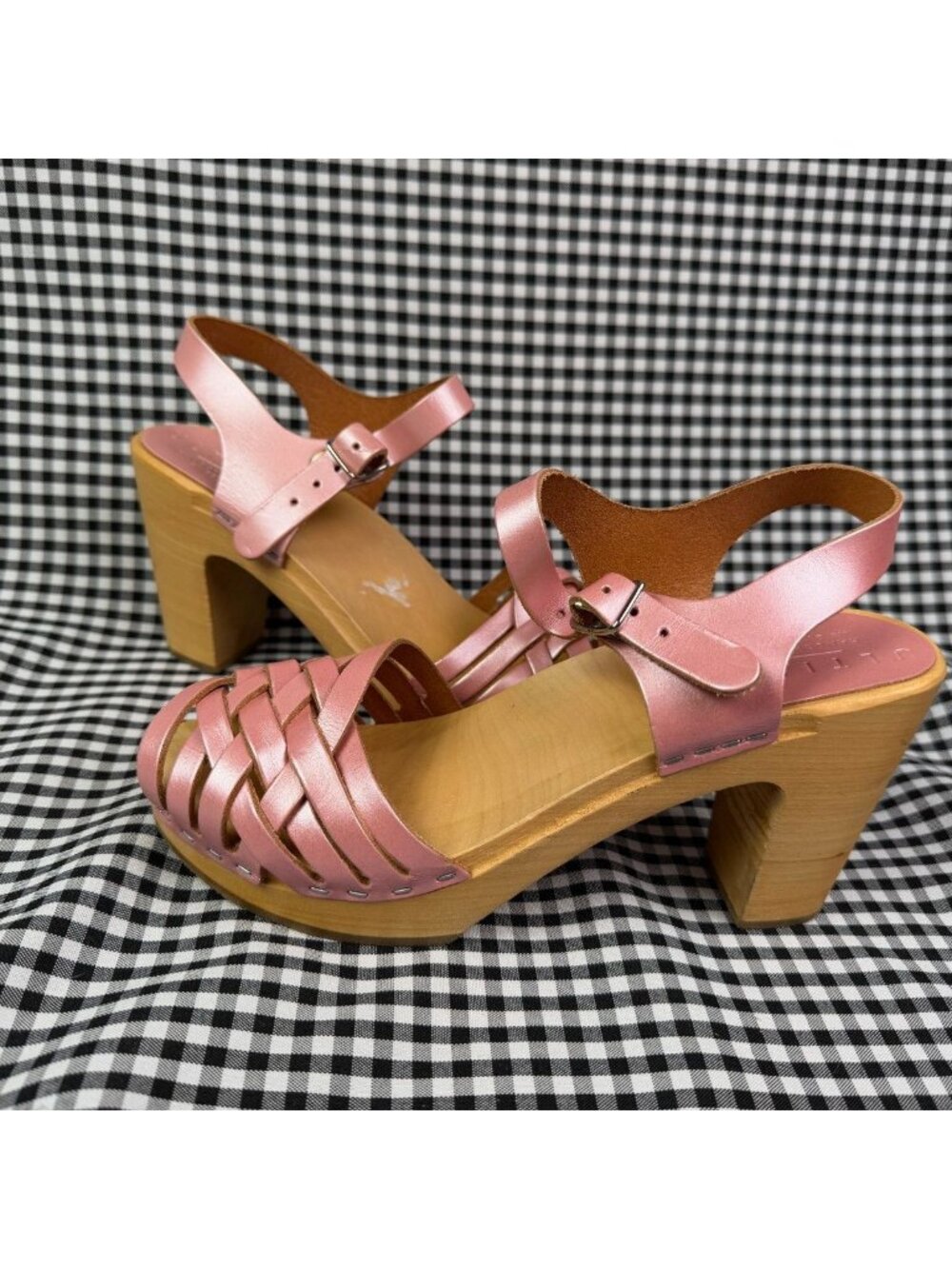 Ultimo Swedish Braided Clogs Womens EU 37 Pink Metallic Leather Heeled Sandals